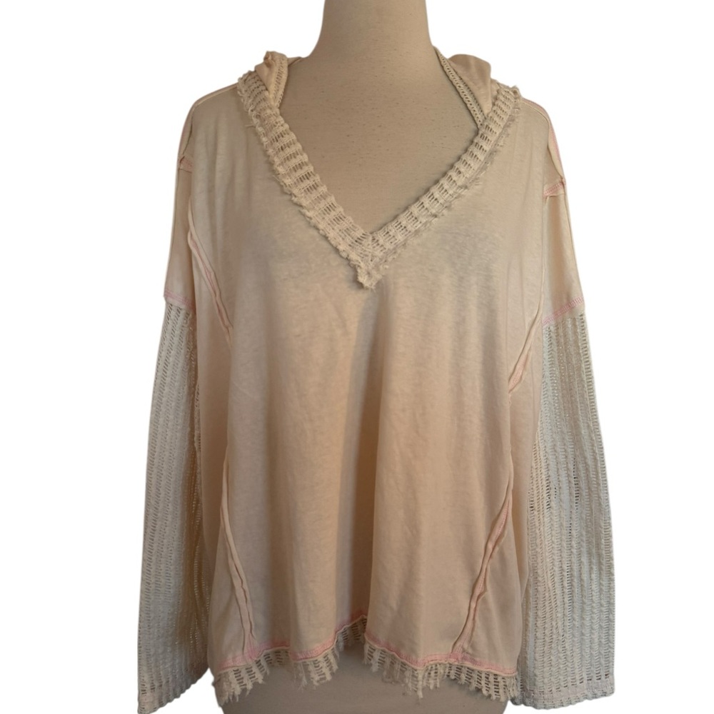 POL V-Neck Hoodie Crochet Detail Oversized Top Women’s Relaxed Fit Shirt SZ M